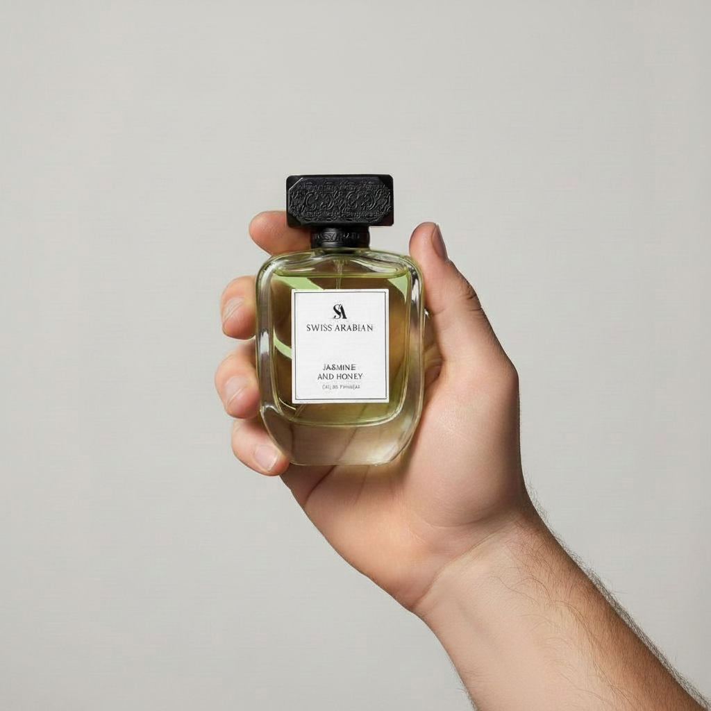Palette 21 Swiss Arabian Jasmine and Honey Eau de Parfum bottle held in a hand against a neutral background.