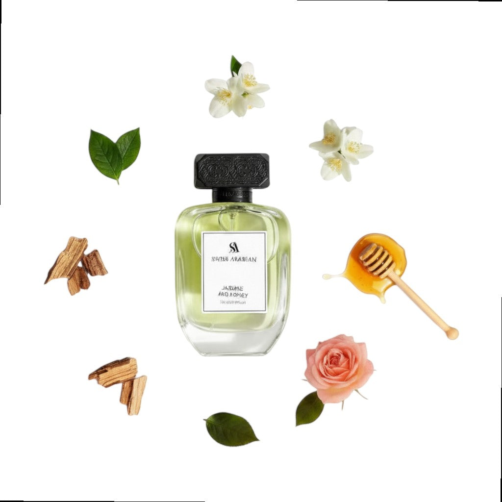 Palette 21 Swiss Arabian Jasmine and Honey perfume bottle surrounded by jasmine flowers, honey, and wood chips.