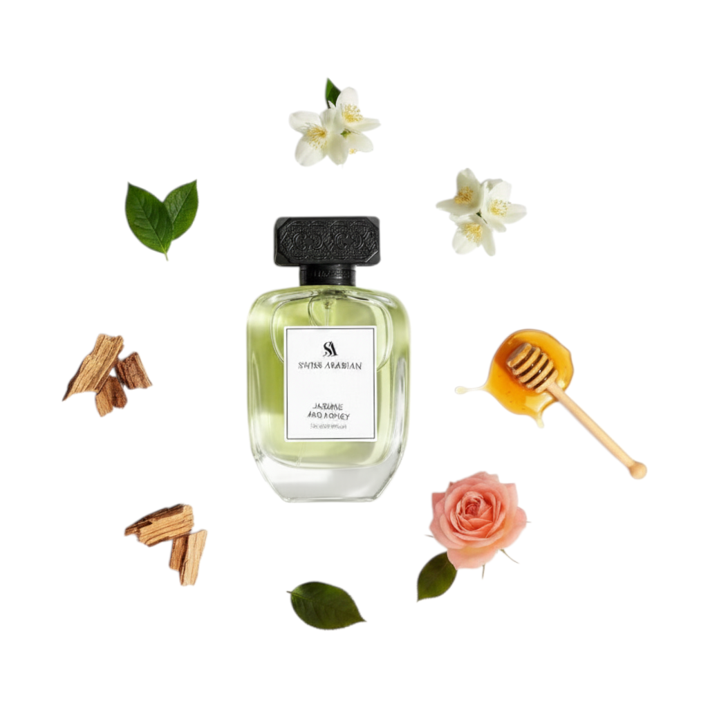 Palette 21 Swiss Arabian Jasmine and Honey perfume bottle surrounded by jasmine flowers, honey, and wood chips.