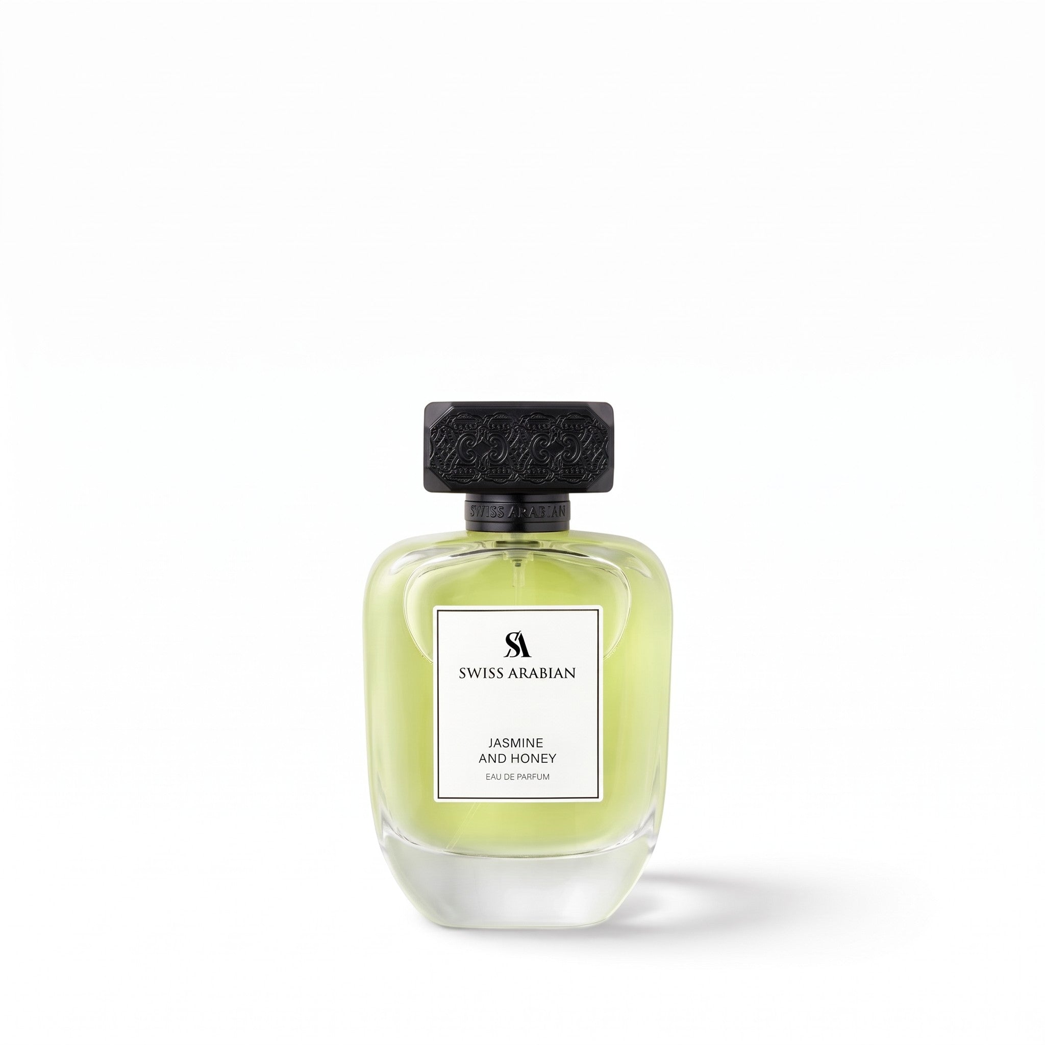 Palette 21 SWISS ARABIAN Jasmine and Honey Eau de Parfum in a minimalist glass bottle with a textured black cap.