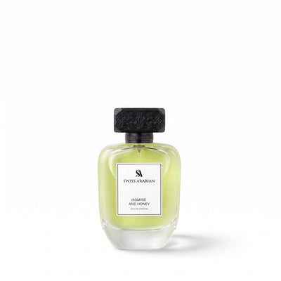 Palette 21 SWISS ARABIAN Jasmine and Honey Eau de Parfum in a minimalist glass bottle with a textured black cap.