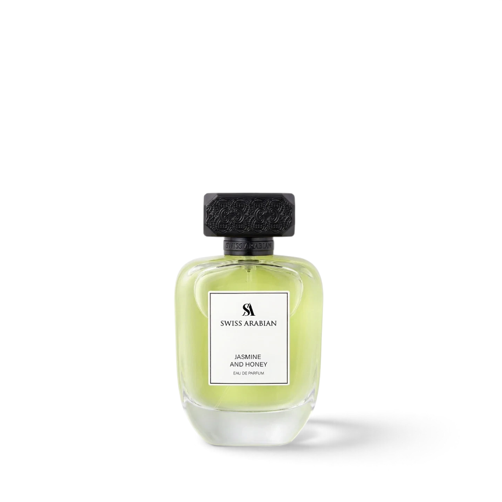 Palette 21 SWISS ARABIAN Jasmine and Honey Eau de Parfum in a clear glass bottle with a textured black cap.
