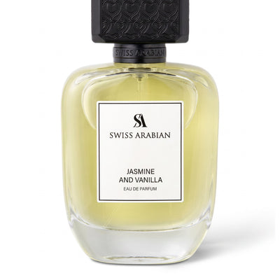 Close-up of Swiss Arabian Jasmine and Vanilla Eau de Parfum bottle label with textured black cap.