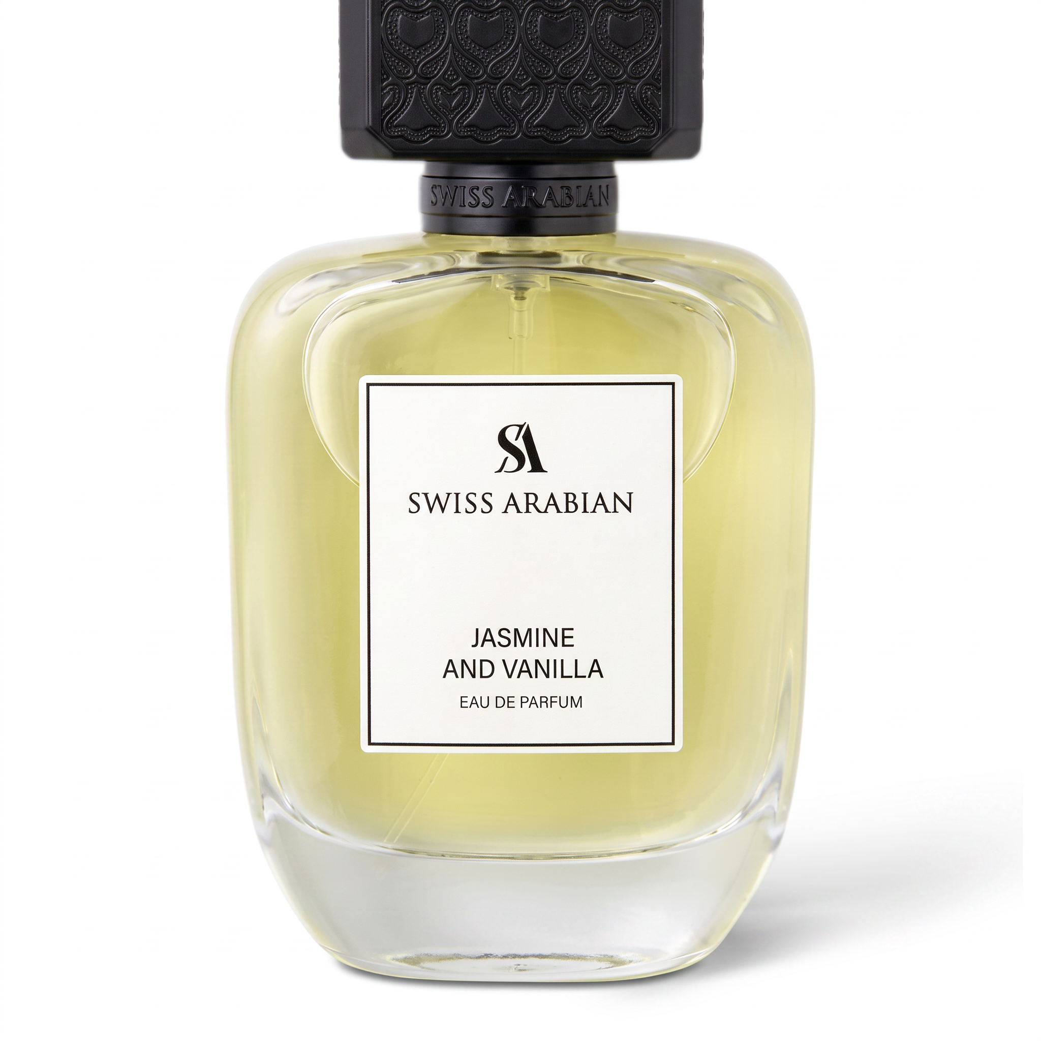 Palette 21 SWISS ARABIAN Jasmine and Vanilla Eau de Parfum in a clear glass bottle with a textured black cap.
