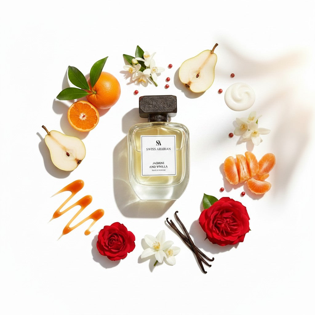 Palette 21 SWISS ARABIAN Jasmine and Vanilla perfume bottle surrounded by fresh jasmine, vanilla, and citrus fruits.