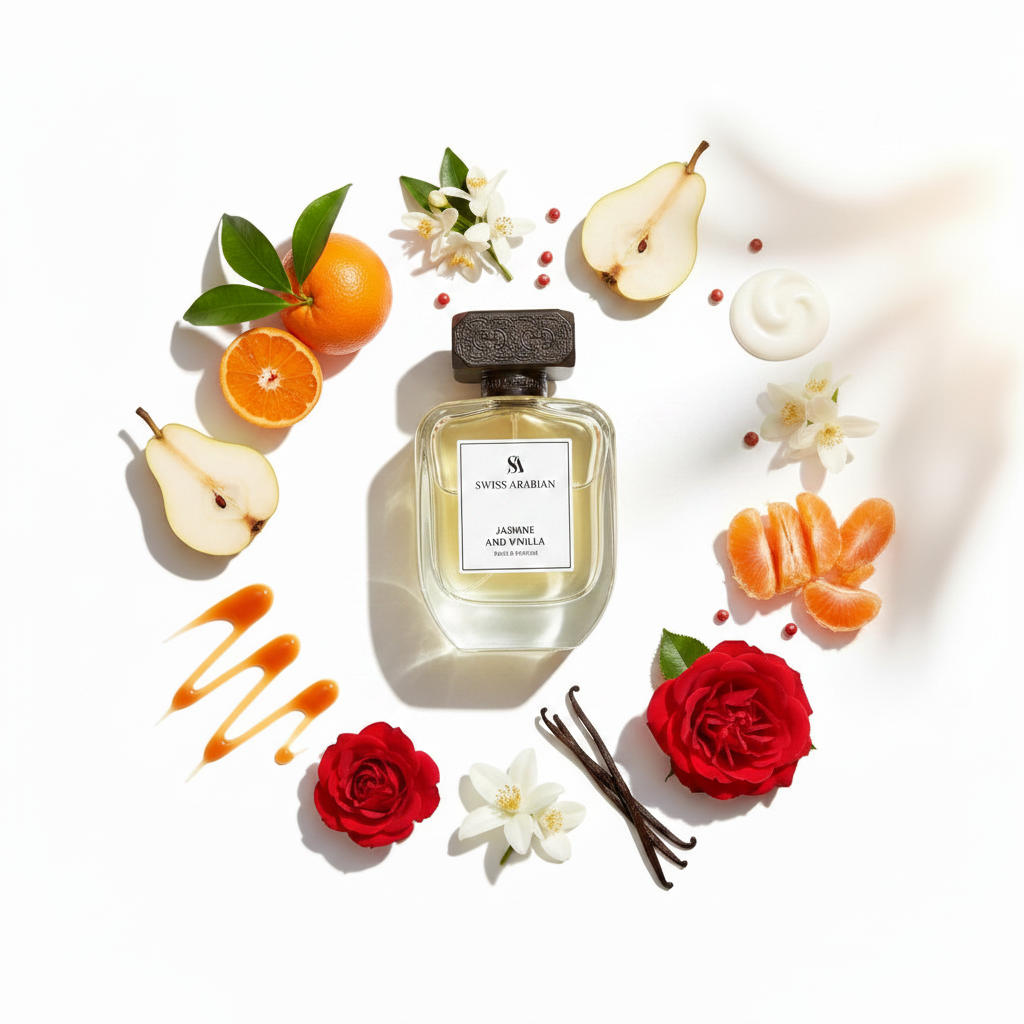 Palette 21 SWISS ARABIAN Jasmine and Vanilla perfume bottle surrounded by fresh jasmine, vanilla, and citrus fruits.