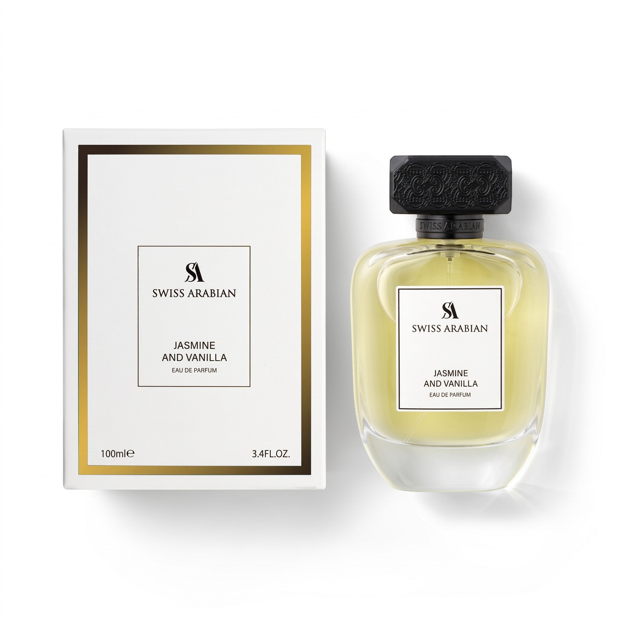Palette 21 Swiss Arabian Jasmine and Vanilla Eau de Parfum bottle and white gift box with gold accents.