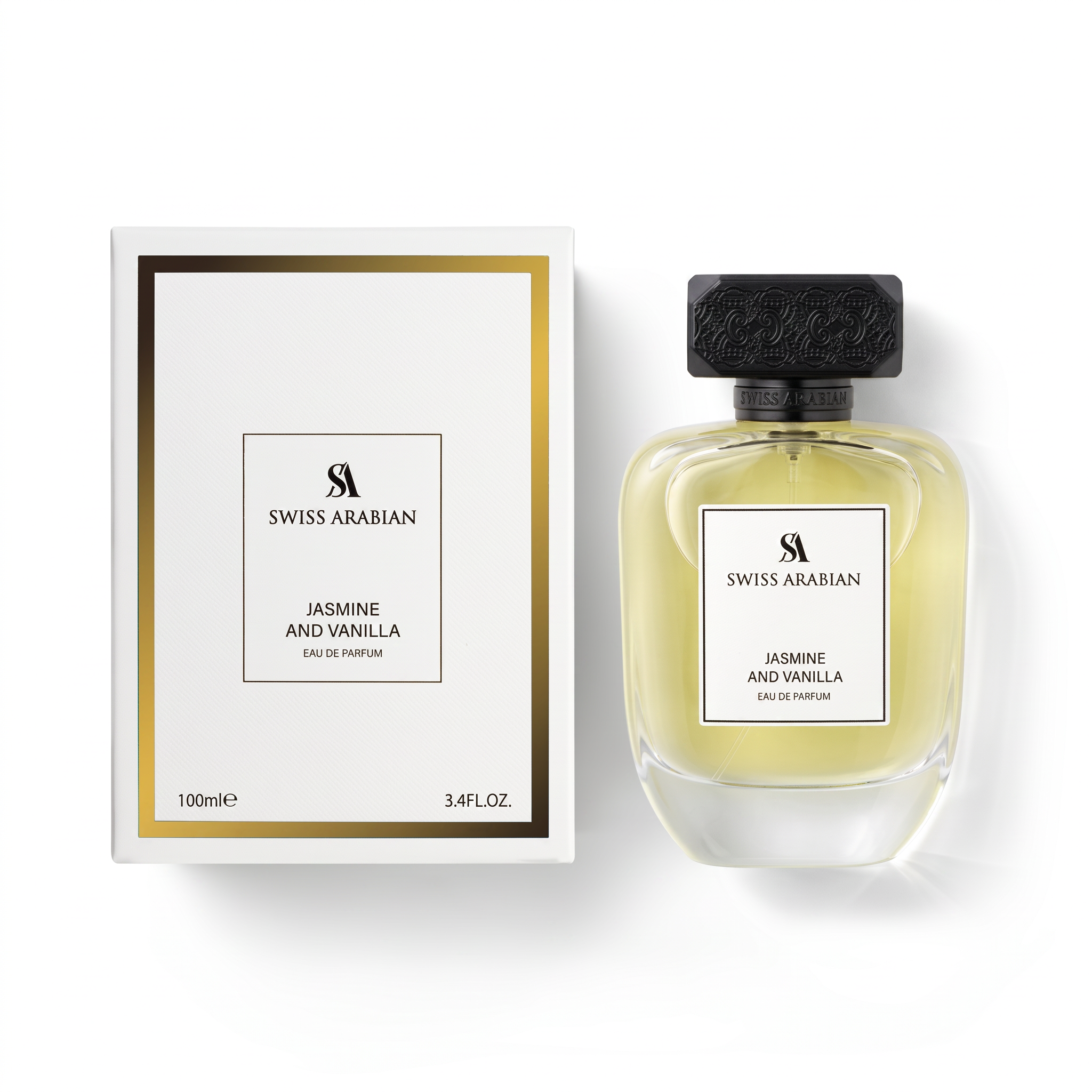 Palette 21 Swiss Arabian Jasmine and Vanilla Eau de Parfum bottle and white gift box with gold accents.