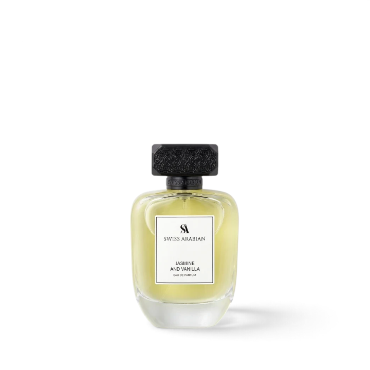 Palette 21 SWISS ARABIAN Jasmine and Vanilla Eau de Parfum in a glass bottle with a black textured cap.