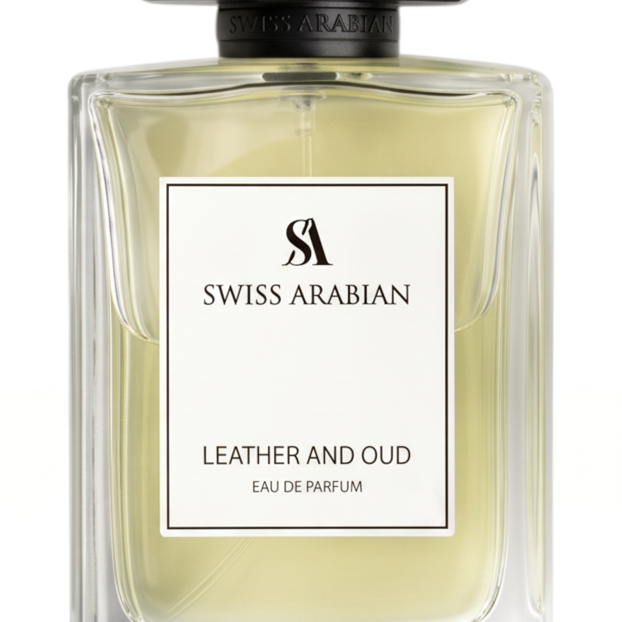 Palette 21 SWISS ARABIAN Leather and Oud Eau de Parfum in a minimalist glass bottle with a textured black cap.