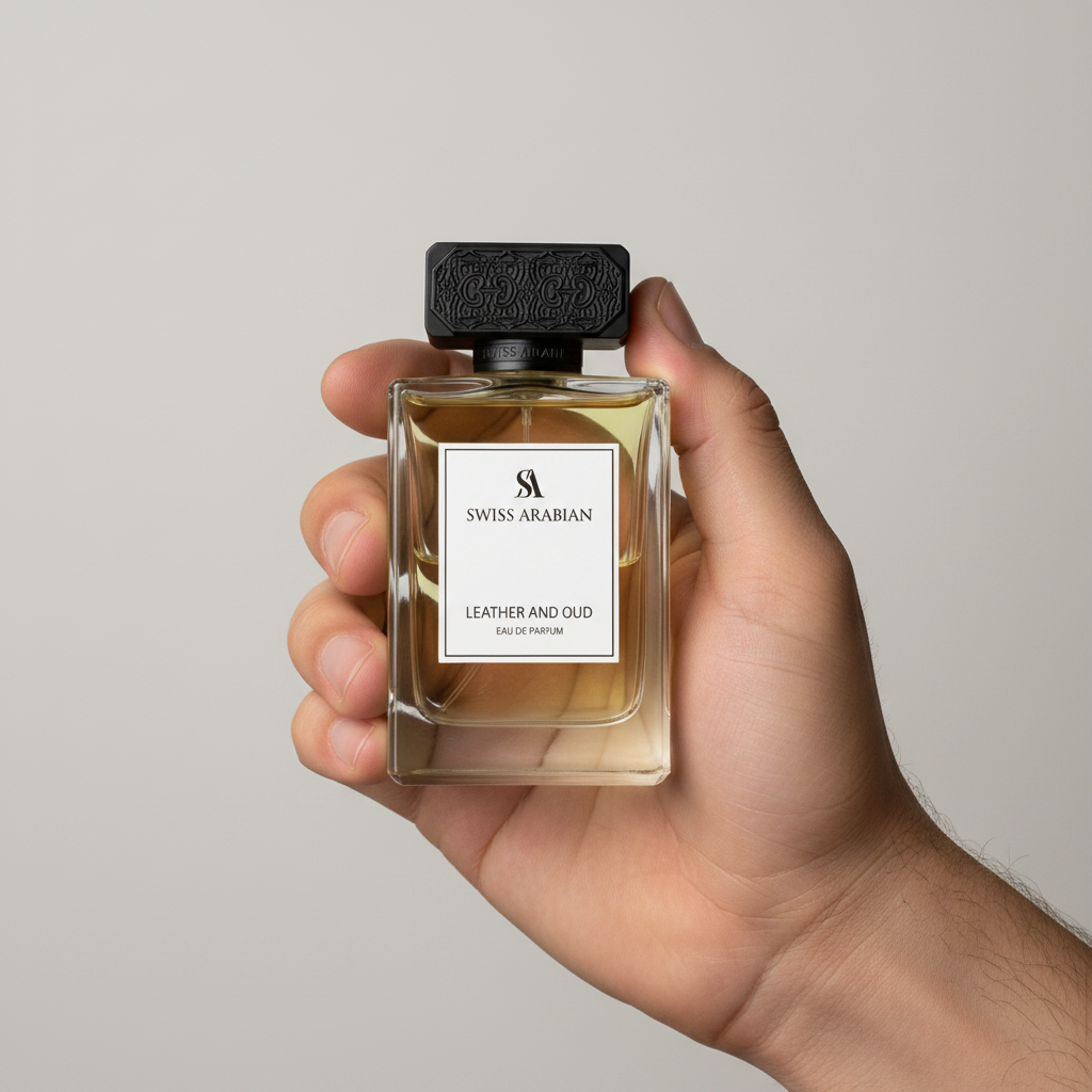 Palette 21 Swiss Arabian Leather and Oud Eau de Parfum in a glass bottle with a textured black cap held in a hand.