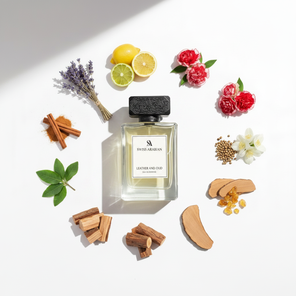 Palette 21 Swiss Arabian Leather and Oud perfume bottle surrounded by raw ingredients like citrus, spices, and wood.