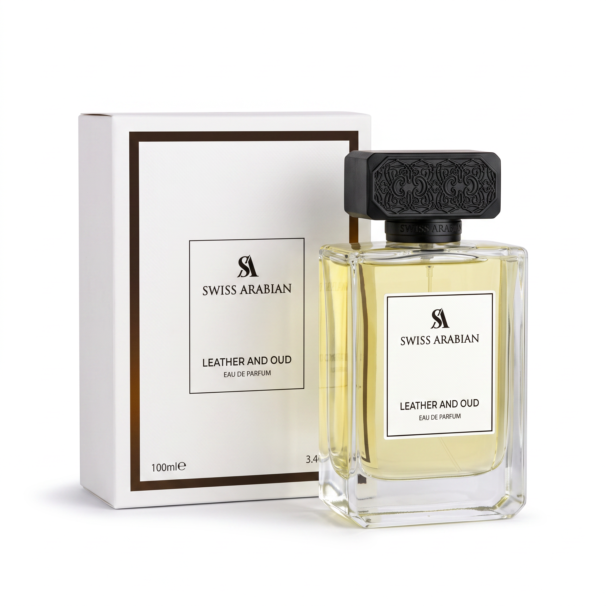 Palette 21 SWISS ARABIAN Leather and Oud Eau de Parfum in a glass bottle with a textured black cap and matching box.