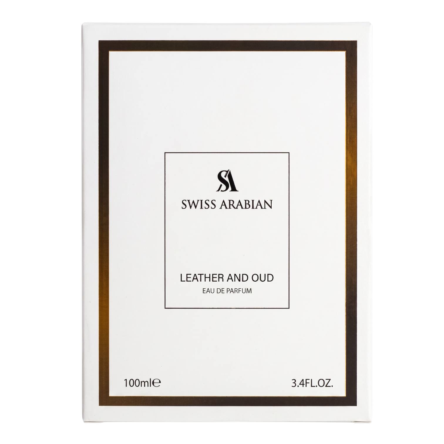 Palette 21 Swiss Arabian Leather and Oud Eau de Parfum white rectangular fragrance box with gold border detailing.