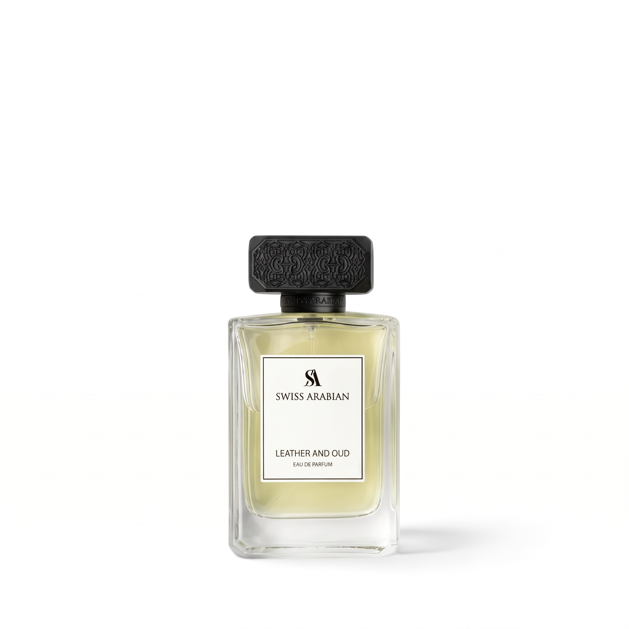 Palette 21 Swiss Arabian Leather and Oud Eau de Parfum in a clear glass bottle with a textured black cap.