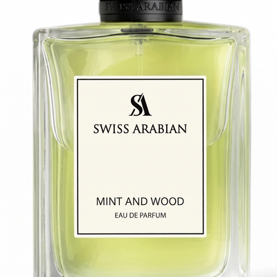 Palette 21 Swiss Arabian Mint & Wood Eau de Parfum in a clear glass bottle with light green fragrance liquid