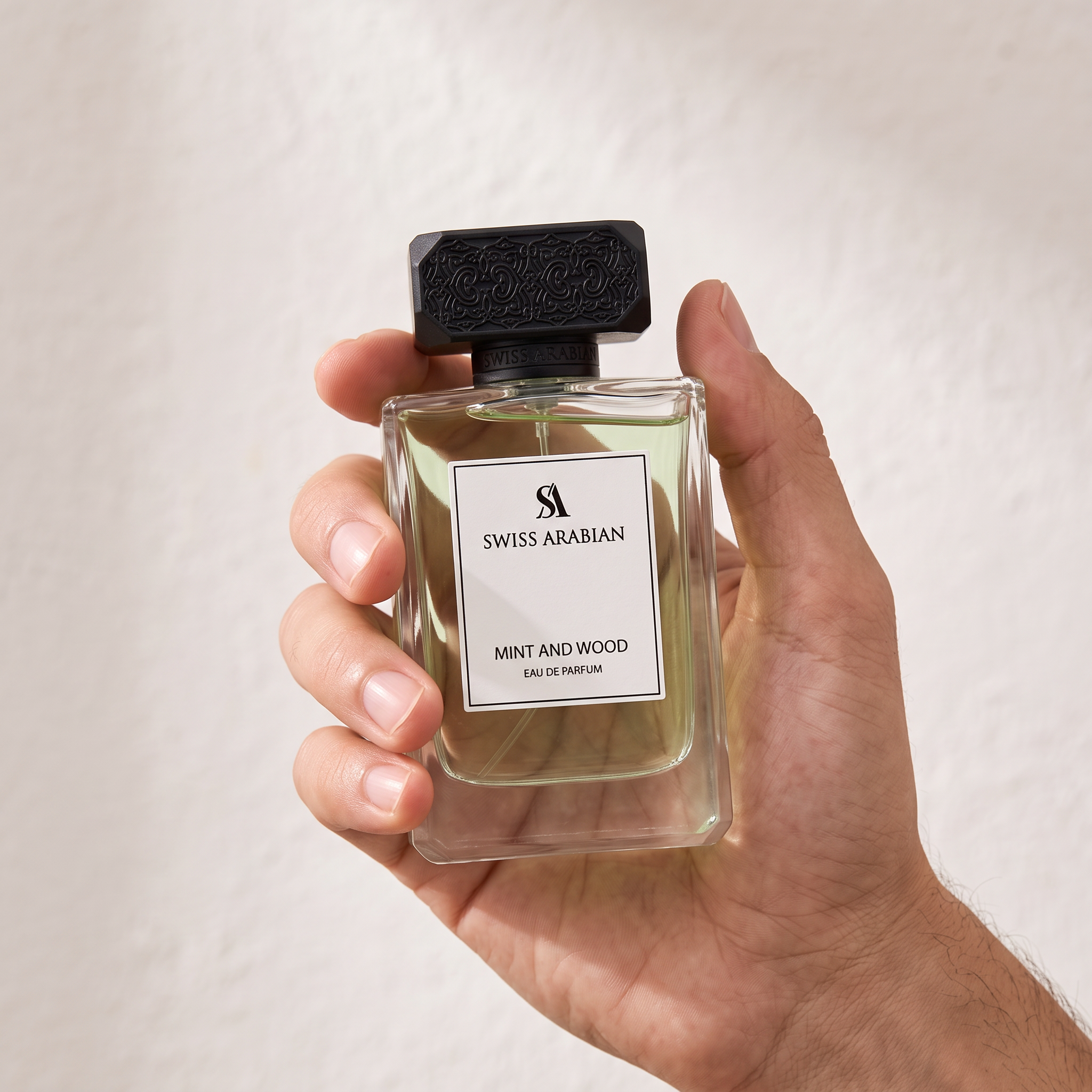 Palette 21 Swiss Arabian Mint & Wood Eau de Parfum 100ml held in hand against a neutral background