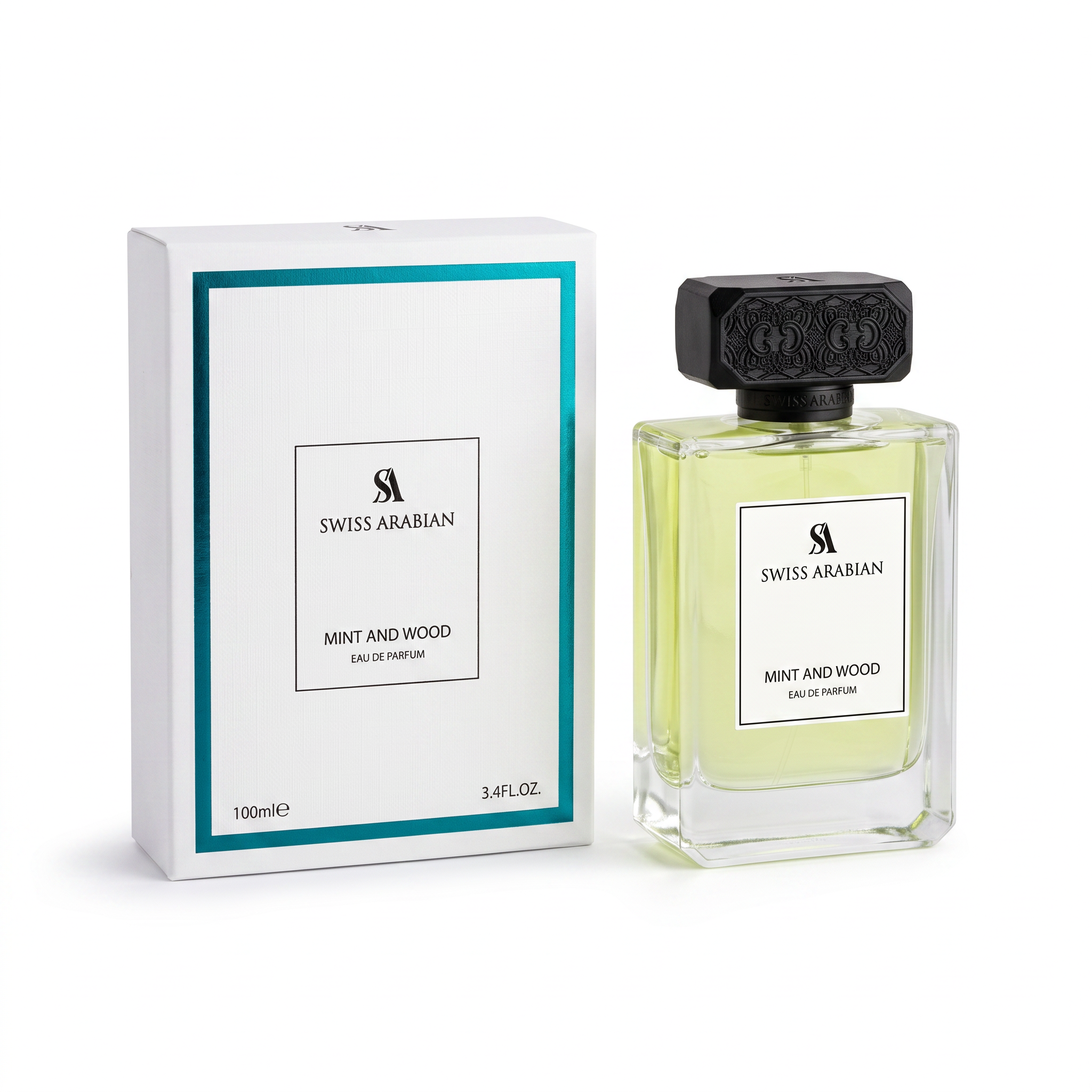 Palette 21 Swiss Arabian Mint and Wood Eau de Parfum bottle and white box packaging with teal accents