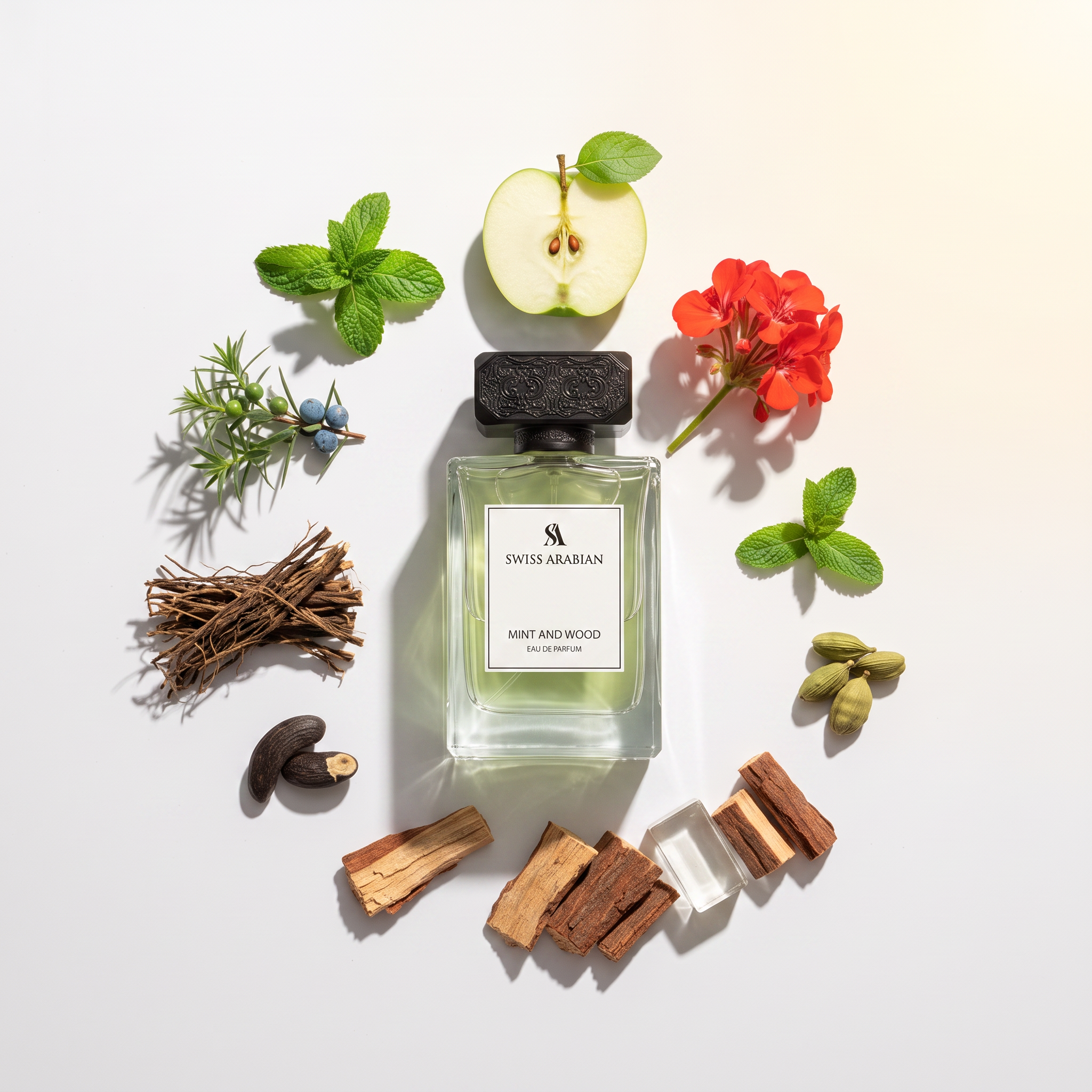 Palette 21 Swiss Arabian Mint & Wood Eau de Parfum bottle surrounded by fresh mint, apple, wood, and floral elements.