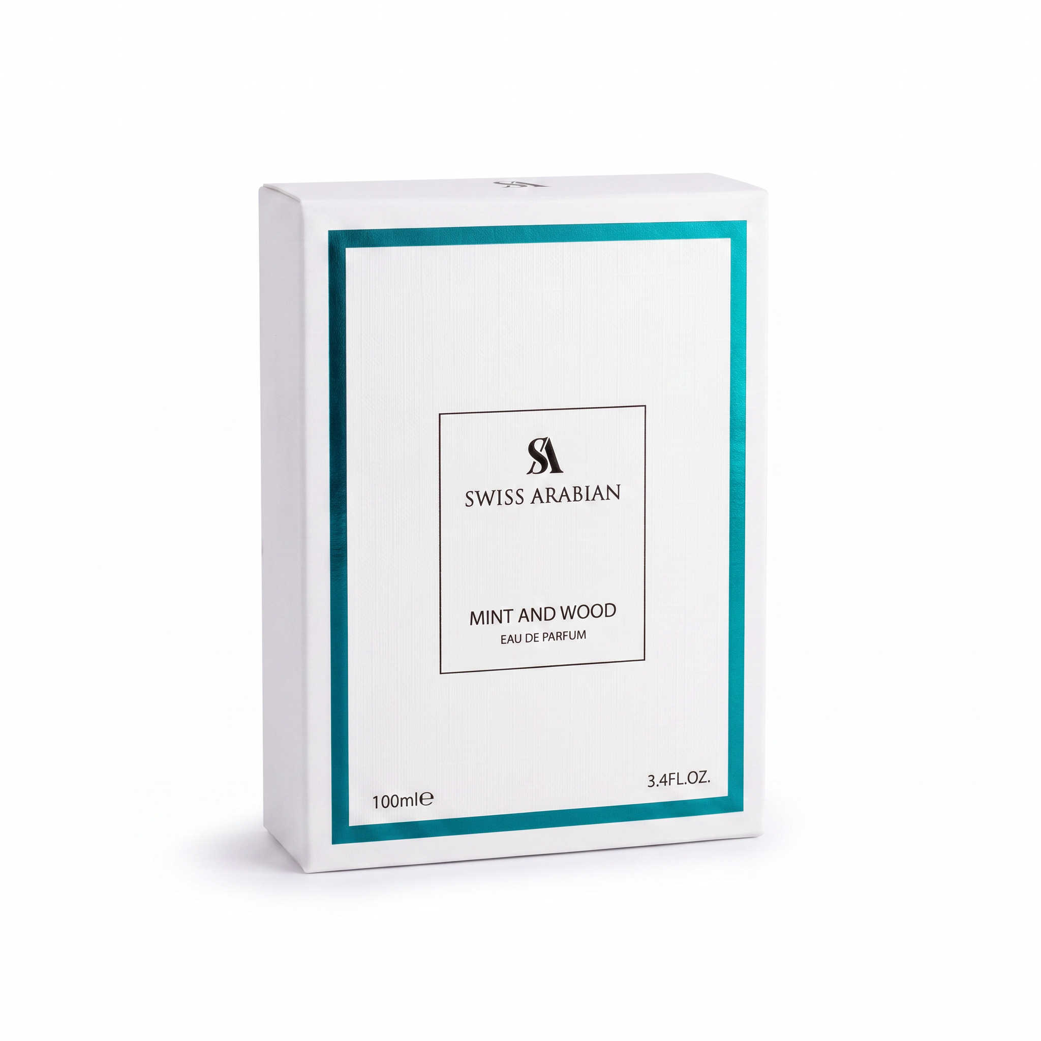 Palette 21 Swiss Arabian Mint and Wood Eau de Parfum white rectangular fragrance box with teal metallic border