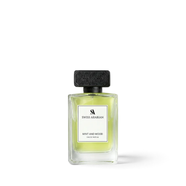 Palette 21 Swiss Arabian Mint & Wood Eau de Parfum 100ml in a clear glass bottle with a black ornate cap.