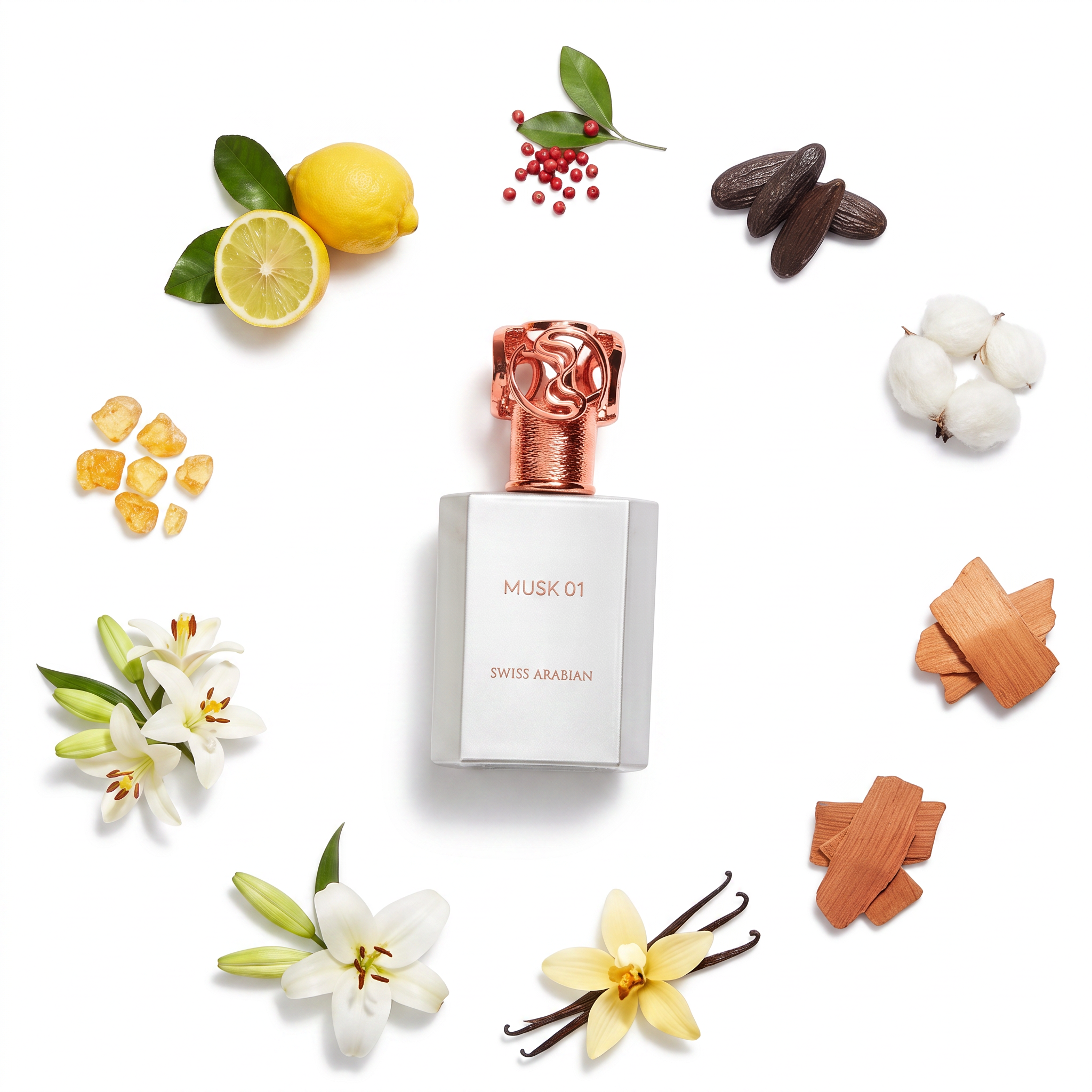 Palette 21 Swiss Arabian Musk 01 perfume bottle surrounded by ingredients like bergamot, lilies, vanilla, and sandalwood.