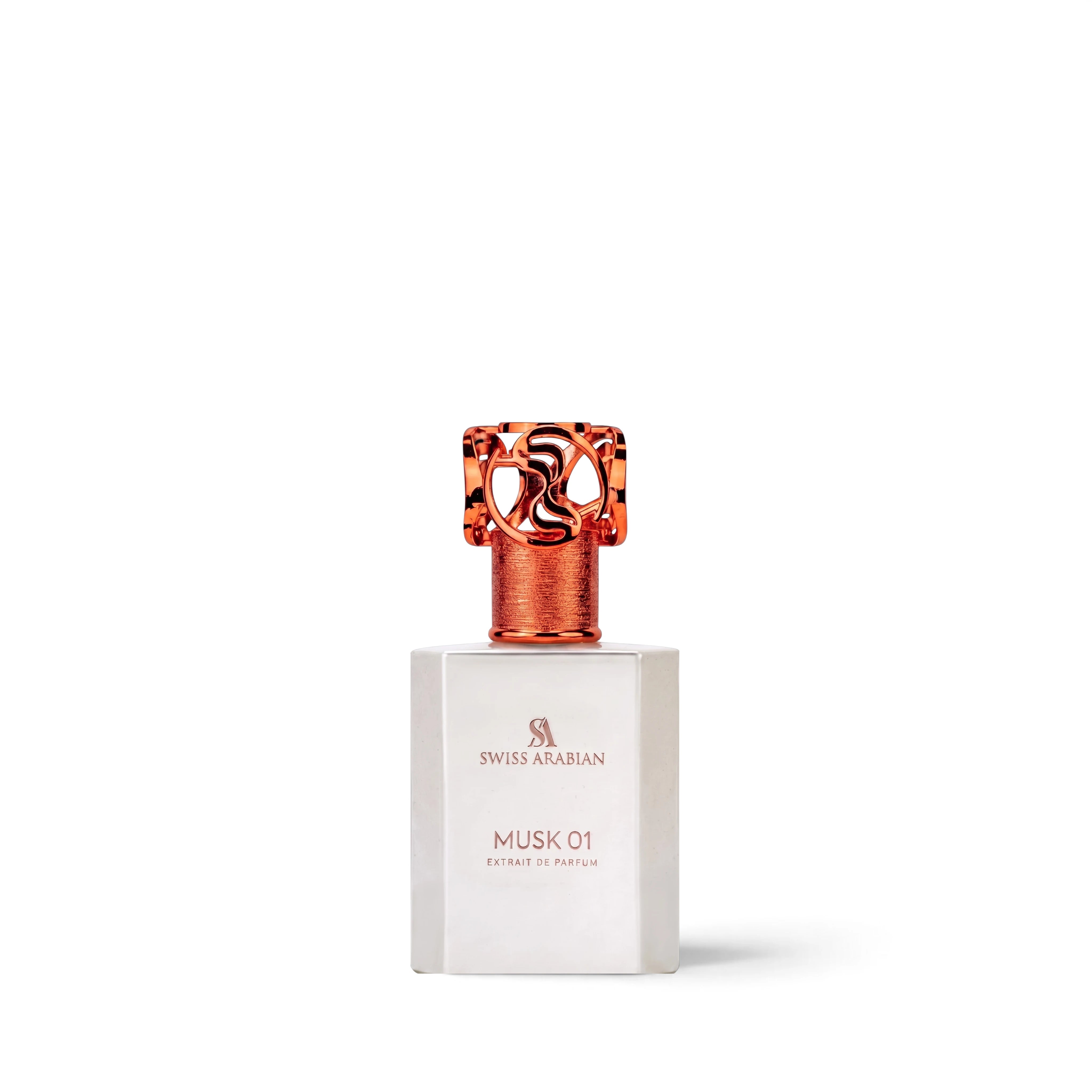 Palette 21 Swiss Arabian Musk 01 perfume bottle with a white rectangular body and ornate metallic copper cap.