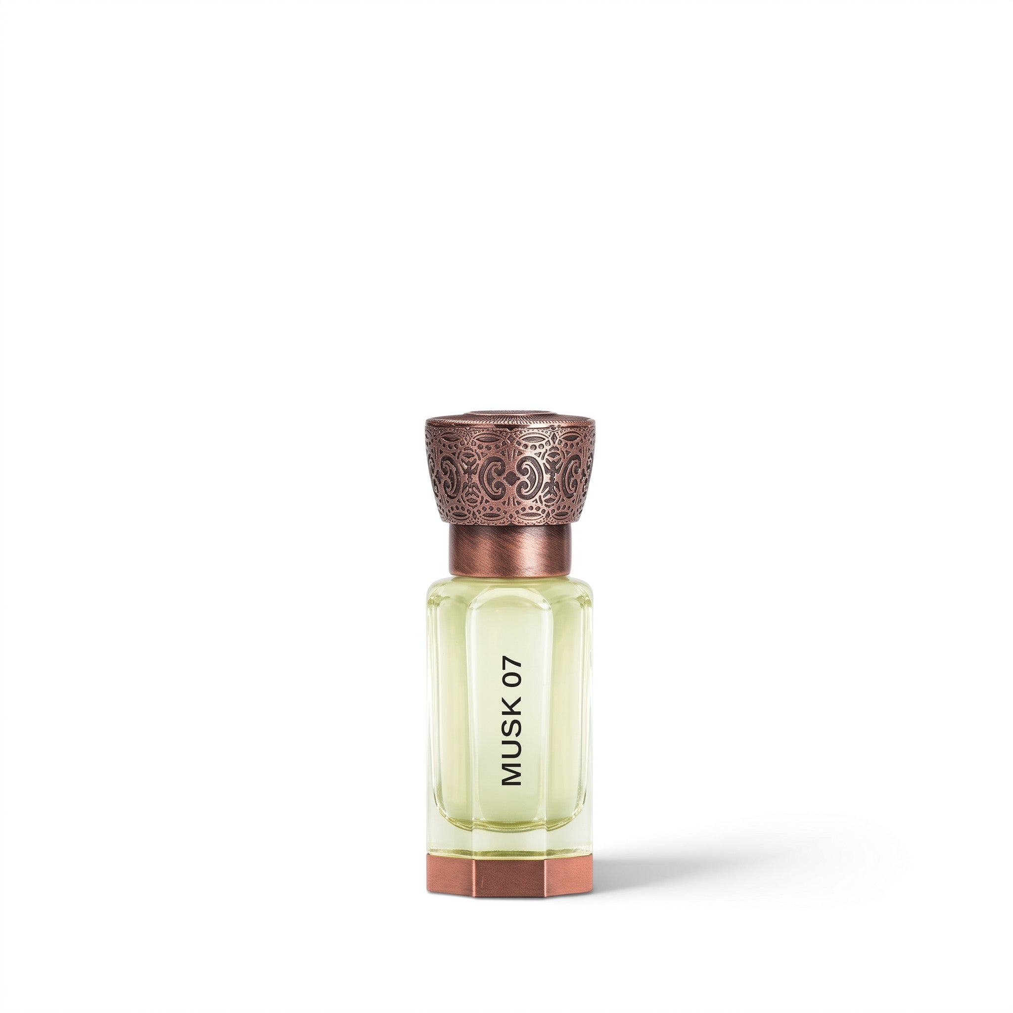 Palette 21 Swiss Arabian Musk 07 concentrated perfume oil in an elegant glass bottle with antique metallic detailing.