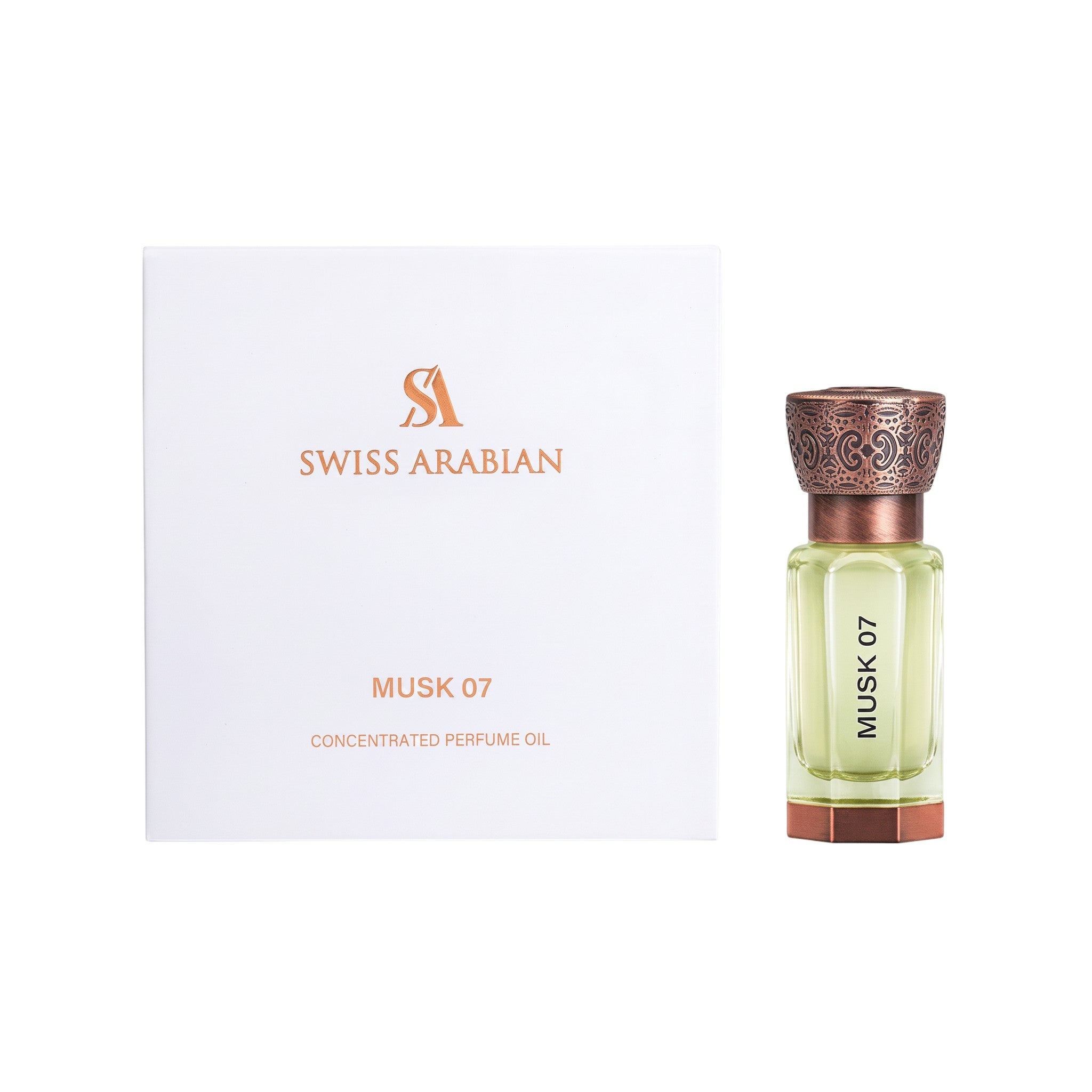 Palette 21 Swiss Arabian Musk 07 concentrated perfume oil bottle with ornate metallic cap next to its white box