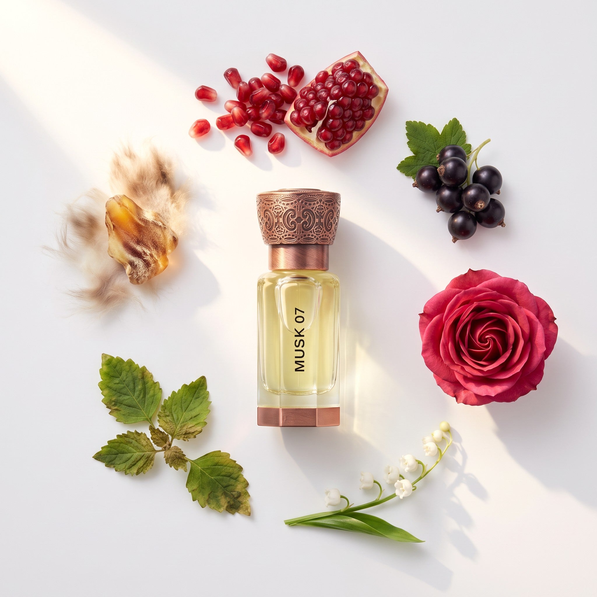 Palette 21 Swiss Arabian Musk 07 concentrated perfume oil bottle surrounded by pomegranate, rose, and berries.