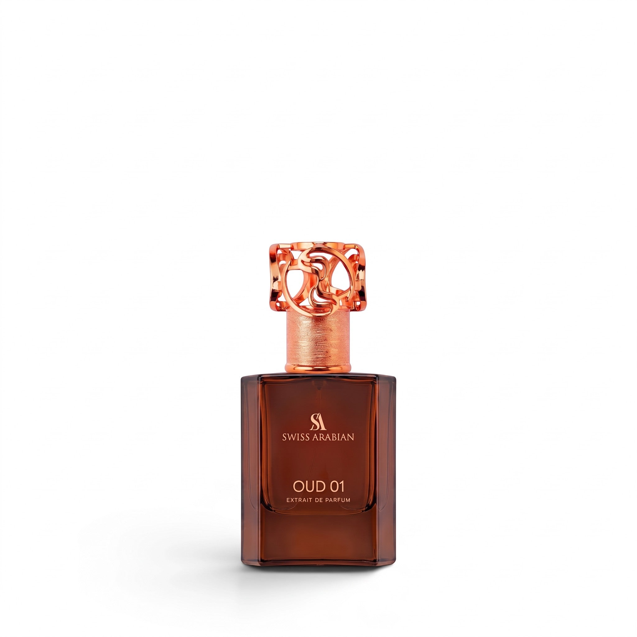 Palette 21 Swiss Arabian Oud 01 unisex woody fragrance in a brown glass bottle with an ornate rose gold cap.