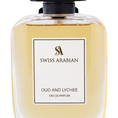 Palette 21 Swiss Arabian Oud and Lychee Eau de Parfum in a minimalist glass bottle with a black cap