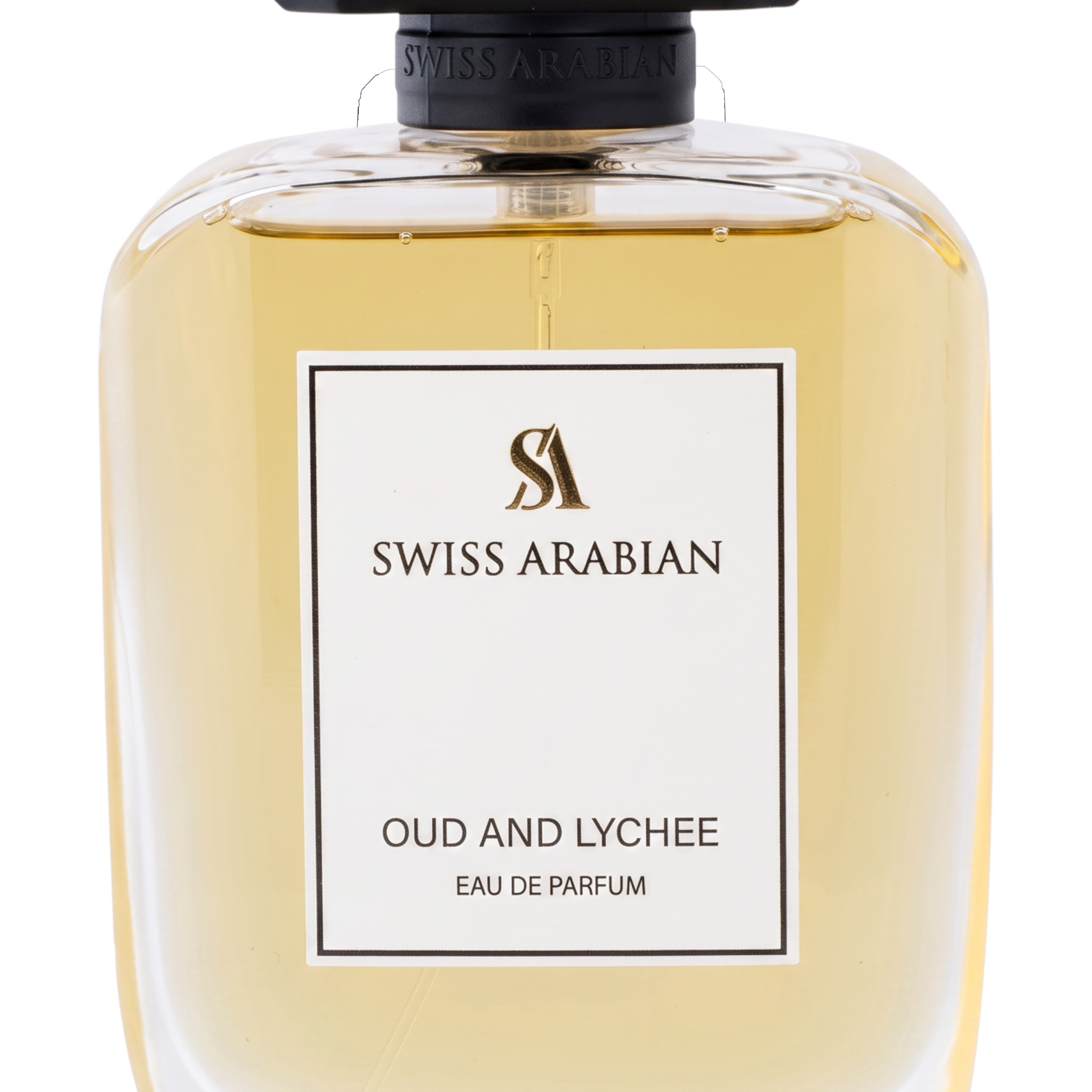 Palette 21 Swiss Arabian Oud and Lychee Eau de Parfum in a minimalist glass bottle with a black cap