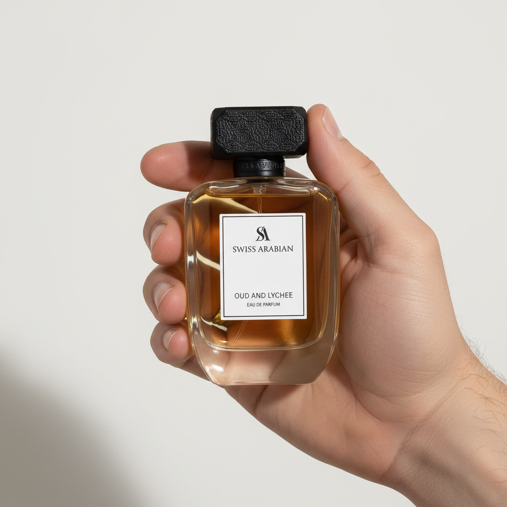 Palette 21 Swiss Arabian Oud and Lychee Eau de Parfum in a glass bottle with a black cap held in a hand