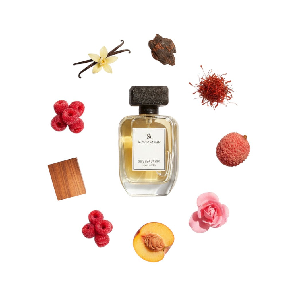 Palette 21 Swiss Arabian Oud and Lychee perfume bottle surrounded by ingredients like lychee, rose, and vanilla.