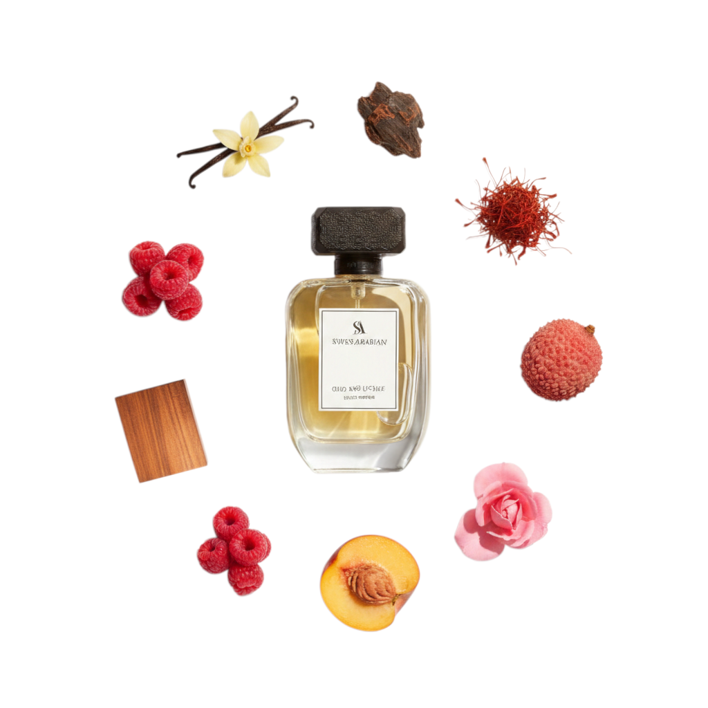 Palette 21 Swiss Arabian Oud and Lychee perfume bottle surrounded by ingredients like lychee, rose, and vanilla.