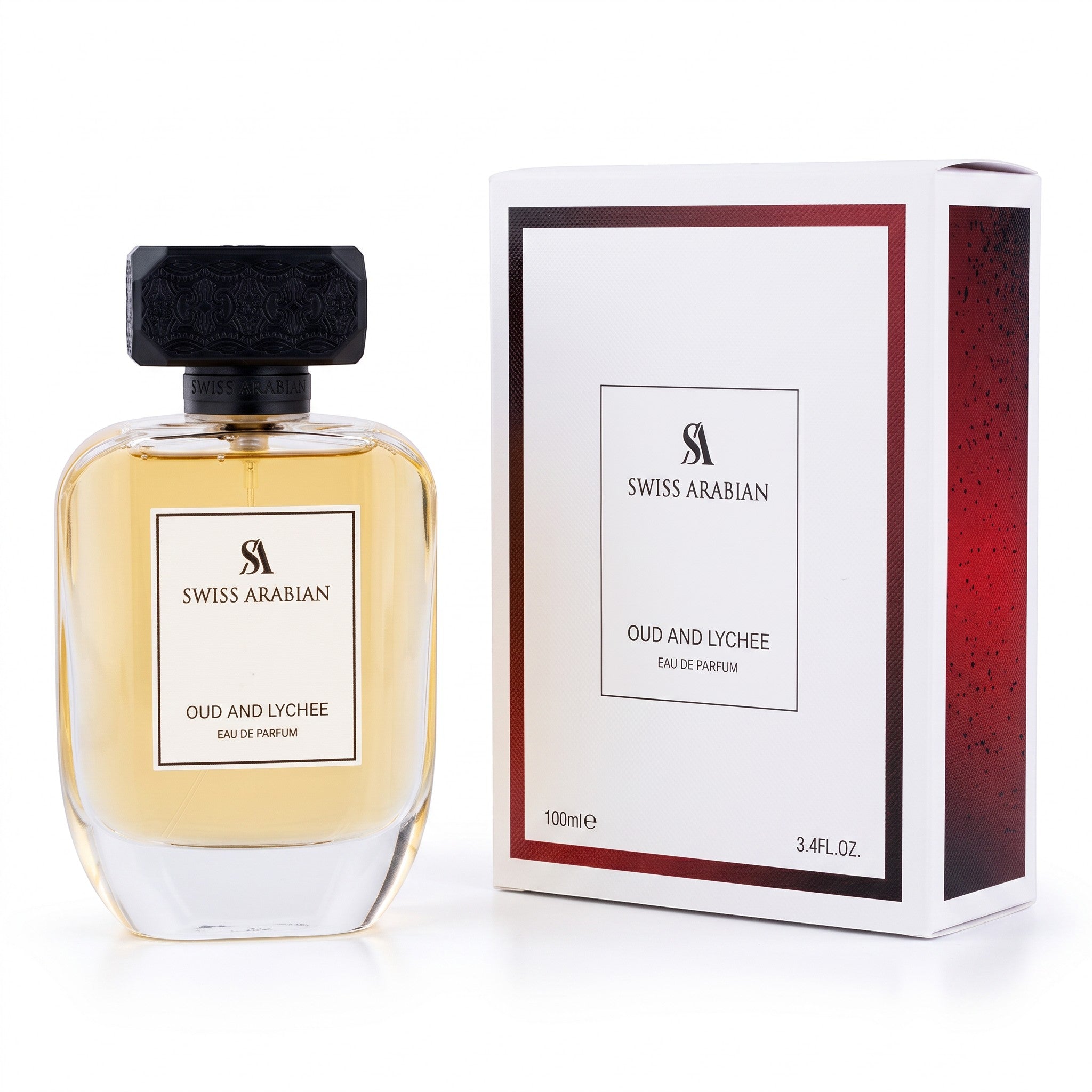 Palette 21 Swiss Arabian Oud and Lychee Eau de Parfum bottle and box featuring a minimalist design and black cap.
