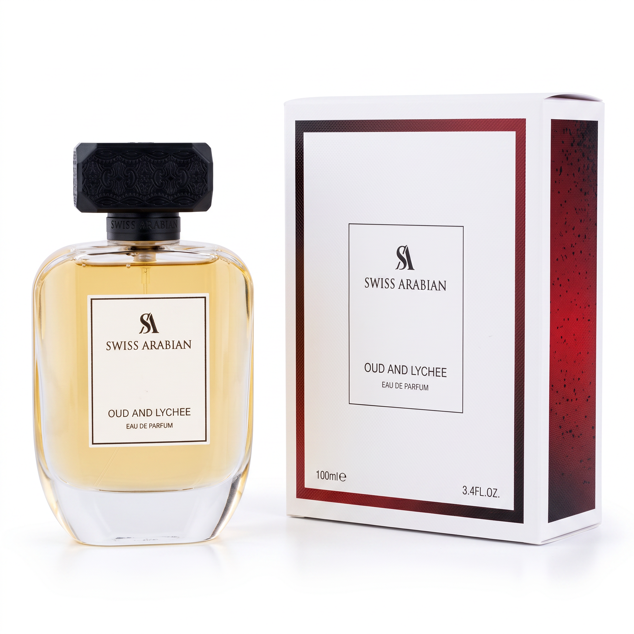Palette 21 Swiss Arabian Oud and Lychee Eau de Parfum bottle and box featuring a minimalist design and black cap.