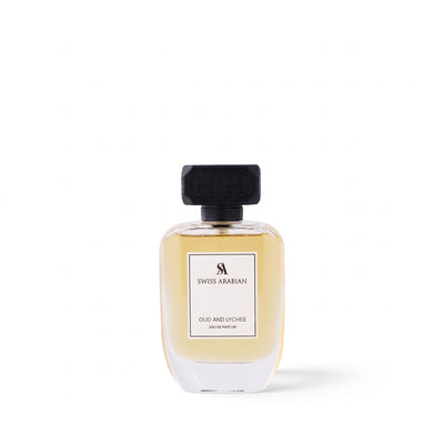 Palette 21 Swiss Arabian Oud and Lychee Eau de Parfum in a minimalist glass bottle with a textured black cap.