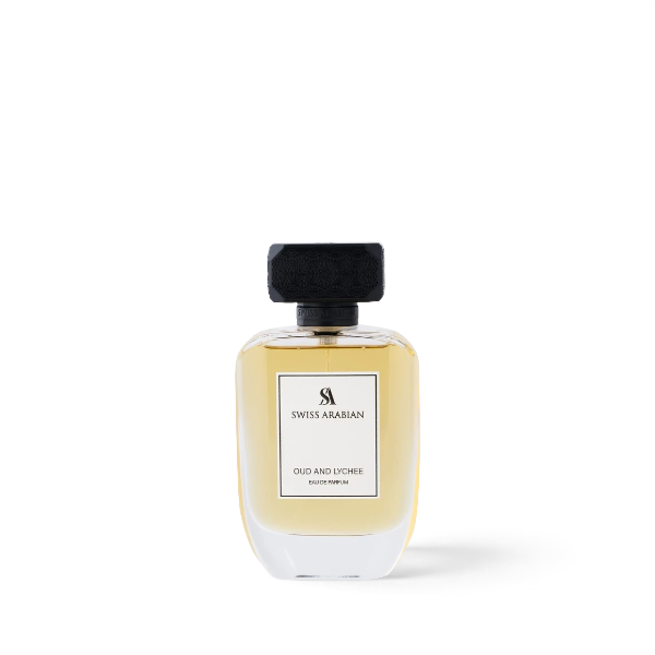 Palette 21 SWISS ARABIAN Oud and Lychee Eau de Parfum in a clear glass bottle with a textured black cap.
