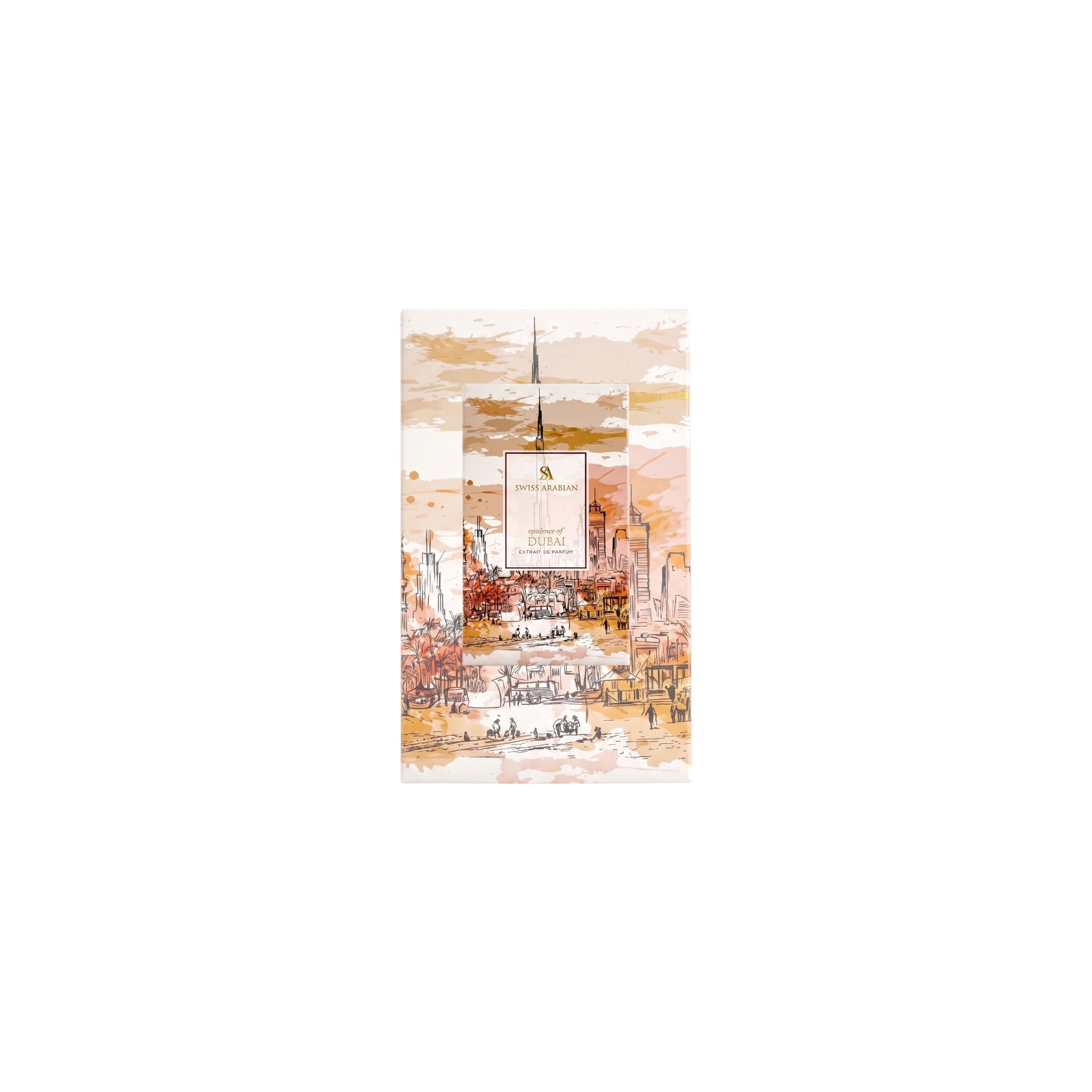 Palette 21 Swiss Arabian Passion of Venice unisex fragrance box with artistic watercolor cityscape illustration