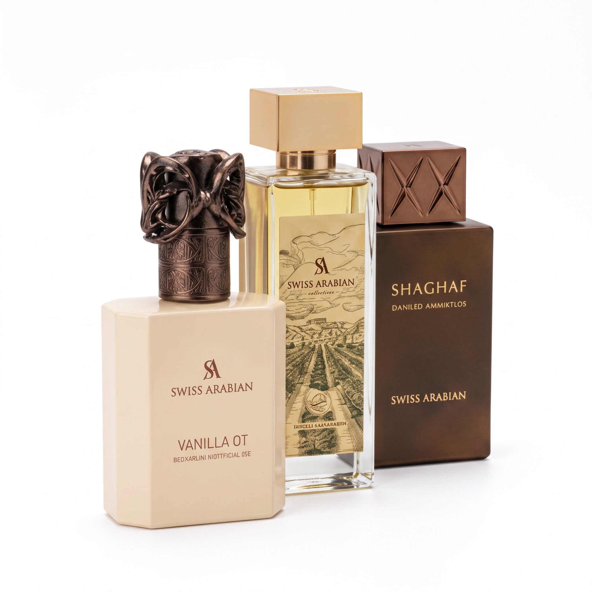 Palette 21 The Collector’s Edition set featuring three Swiss Arabian perfume bottles in cream, clear, and brown glass.