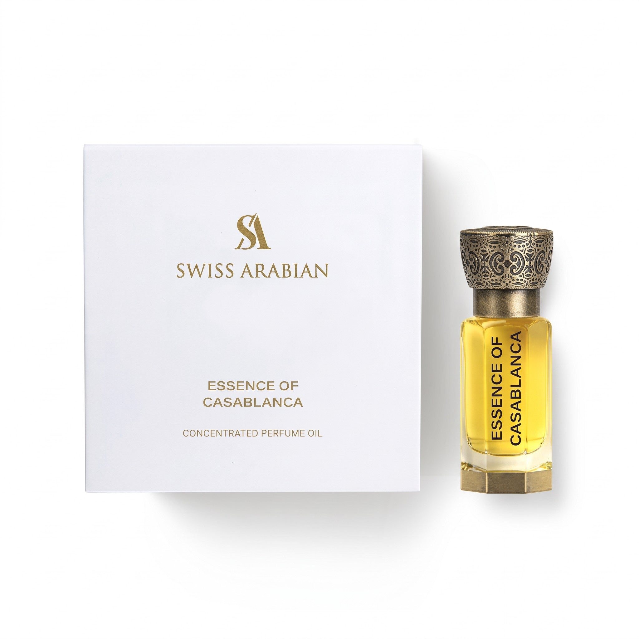 Essence of Casablanca perfume oil bottle beside its Swiss Arabian packaging box