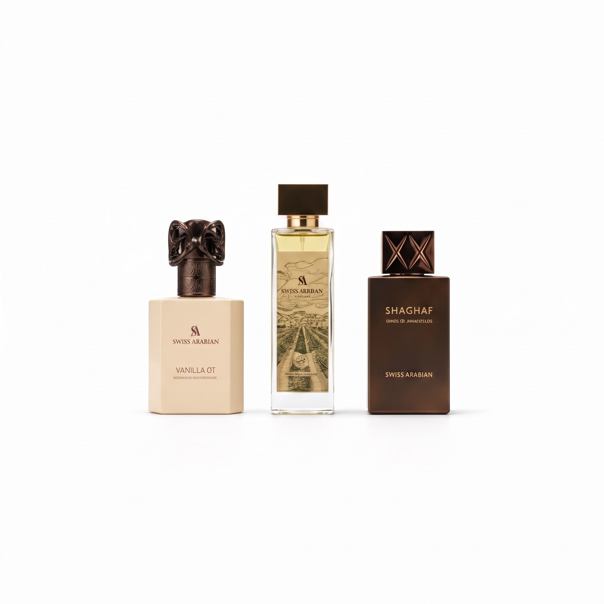 Palette 21 The Collector’s Edition set featuring three Swiss Arabian perfume bottles in cream, gold, and brown glass.