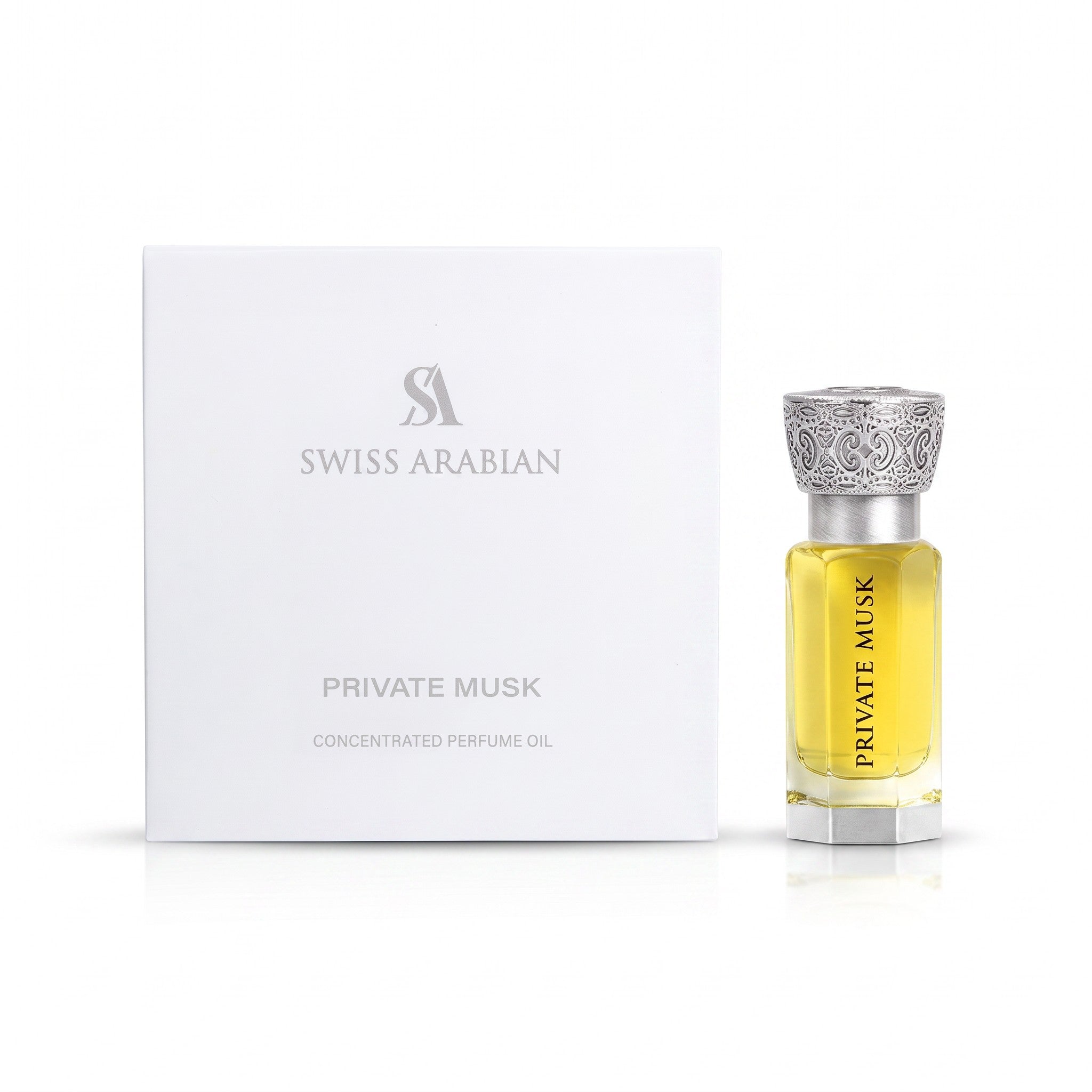 Palette 21 Swiss Arabian Private Musk concentrated perfume oil in a glass bottle next to its white presentation box.