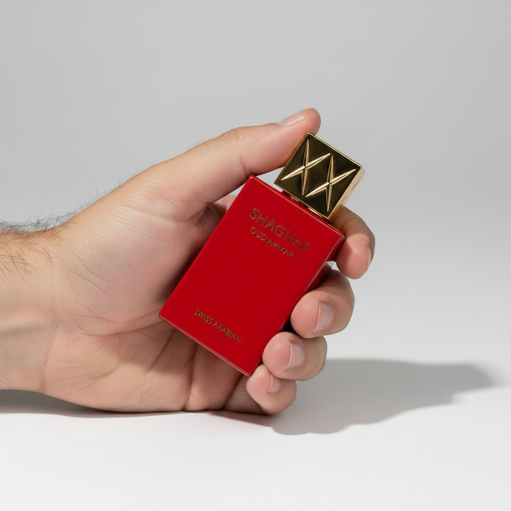 A hand holding a vibrant red Palette 21 Swiss Arabian Shaghaf Oud Ahmar perfume bottle with a gold cap.