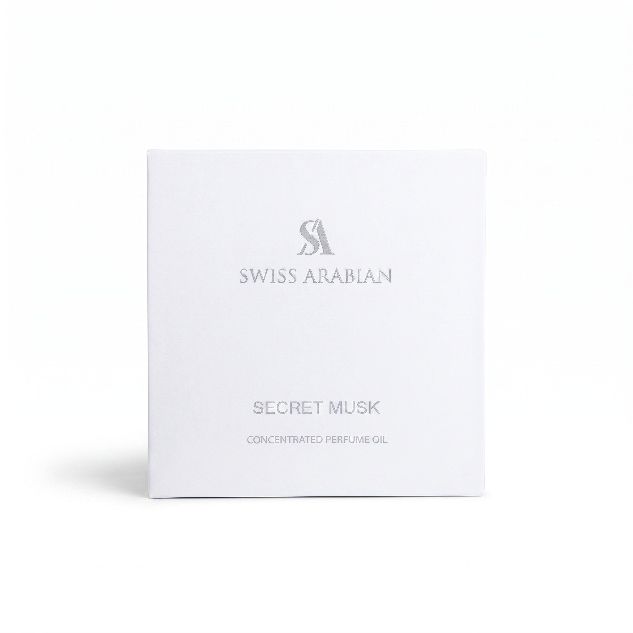 Palette 21 Swiss Arabian Secret Musk concentrated perfume oil white product box with minimalist silver branding