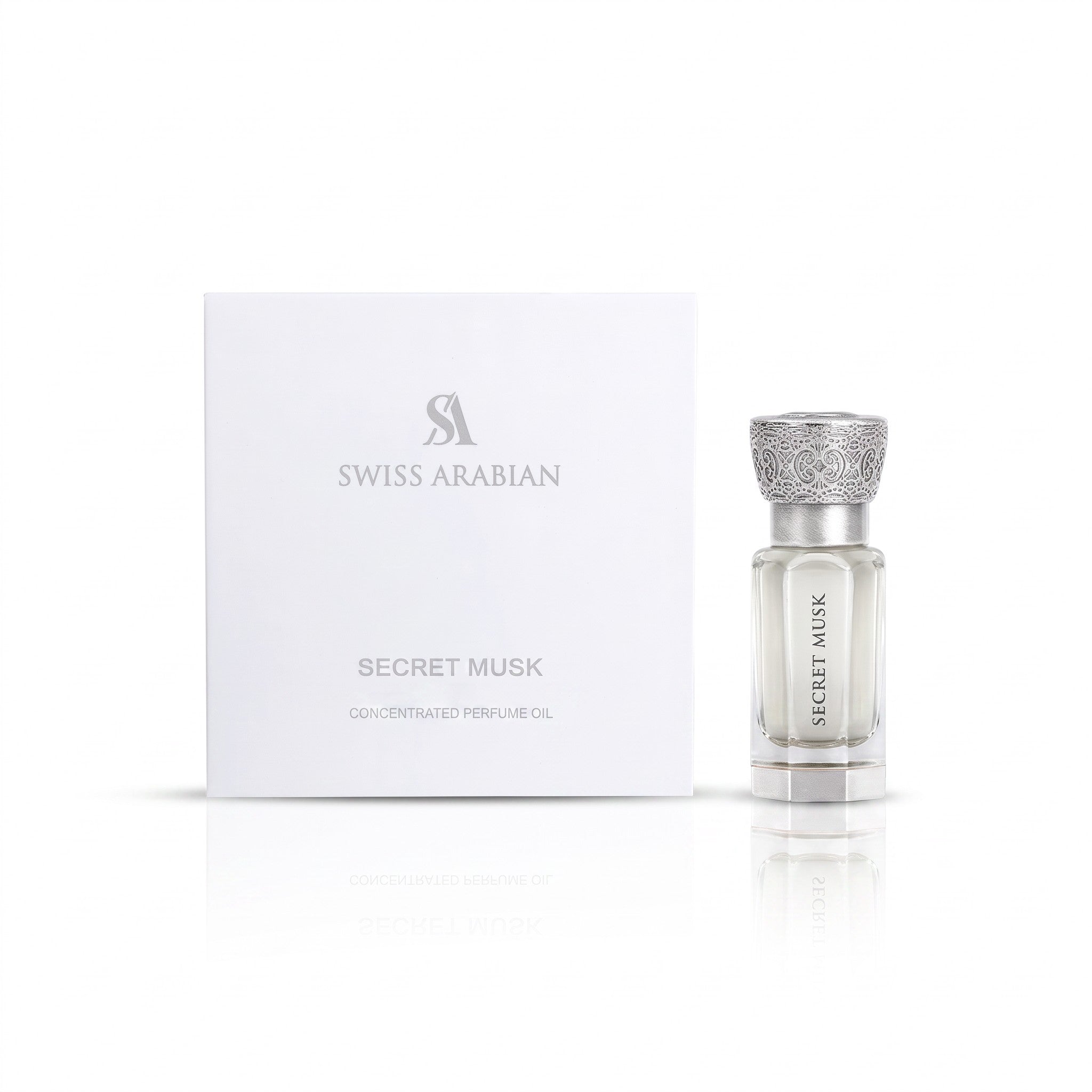 Palette 21 Swiss Arabian Secret Musk perfume oil bottle with white box and intricate silver cap on white background