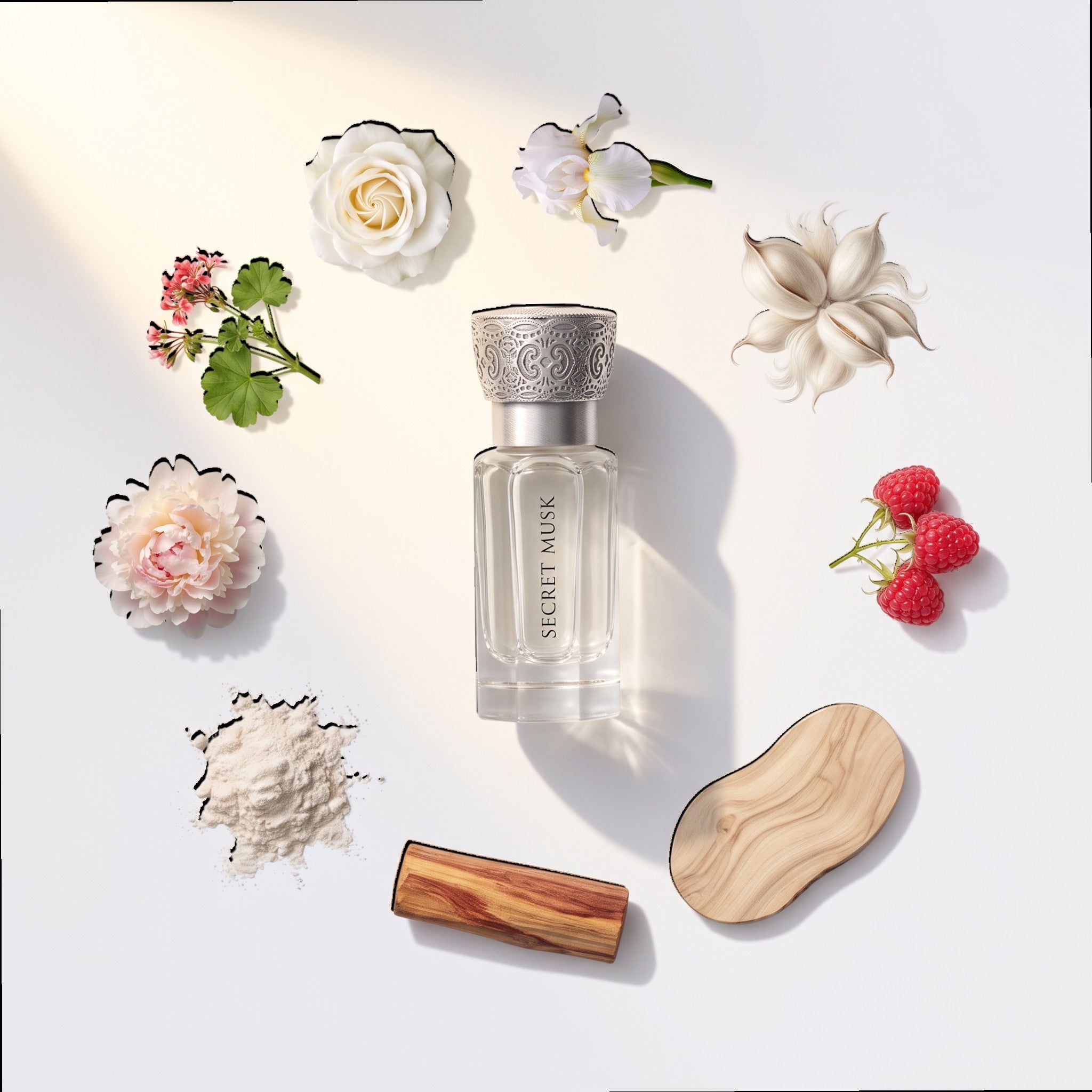 Palette 21 SWISS ARABIAN Secret Musk perfume oil bottle surrounded by floral, fruit, and wood elements on white surface