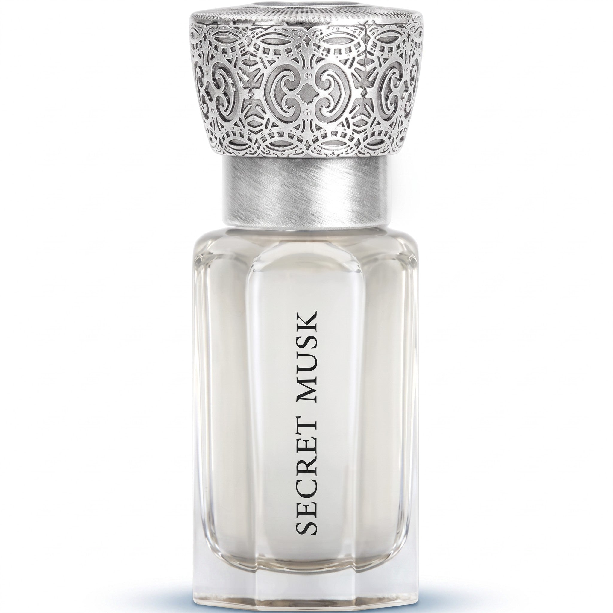 Palette 21 SWISS ARABIAN Secret Musk perfume oil in a clear glass bottle with an ornate silver cap.